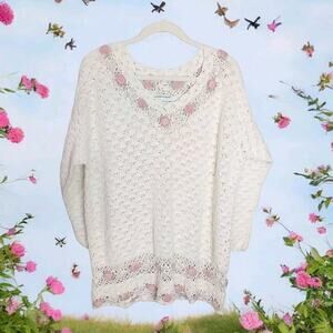 Shenanigans Hand Knit Sweater Size M White Pink Rosette Open Weave Pearl Accents